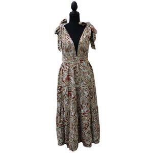 House of Harlow Linen Midi Dress XS Boho Tie Shoulder Deep V Resort Vacation
